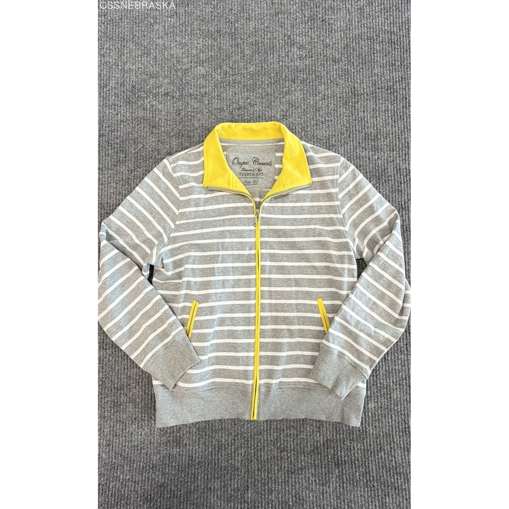 Onque Casuals Women Gray White Striped Zip Up Jacket Yellow Trim Medium